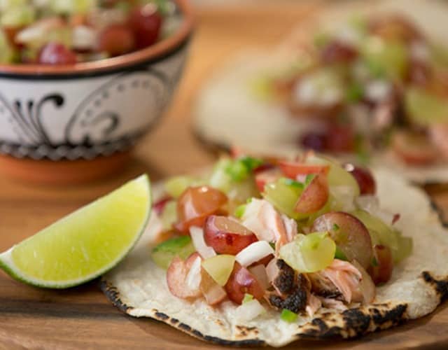 Grilled Salmon Tacos with Grape Pico De Gallo