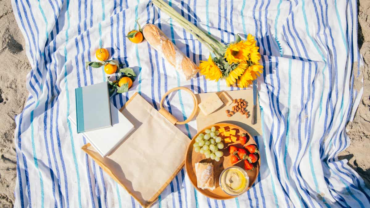 low sodium foods with fruit, cheese, hummus, and bread on a picnic blanket with flowers and books