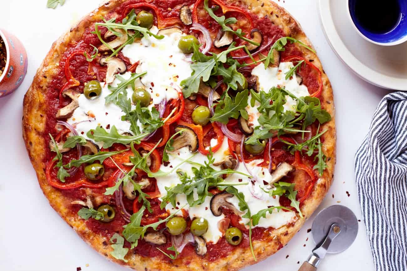 aerial view of homemade veggie pizza