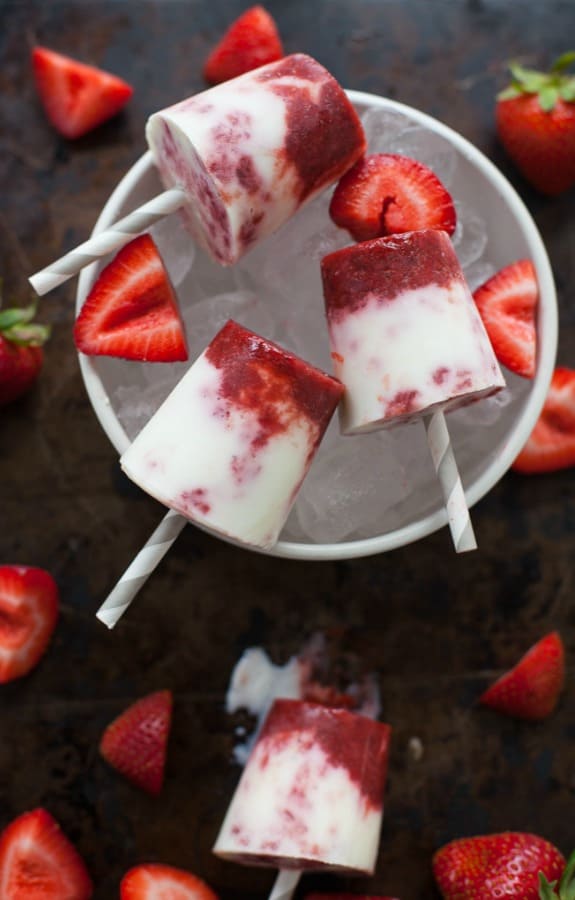 red and white Mini Balsamic Strawberry and Cream Popsicles