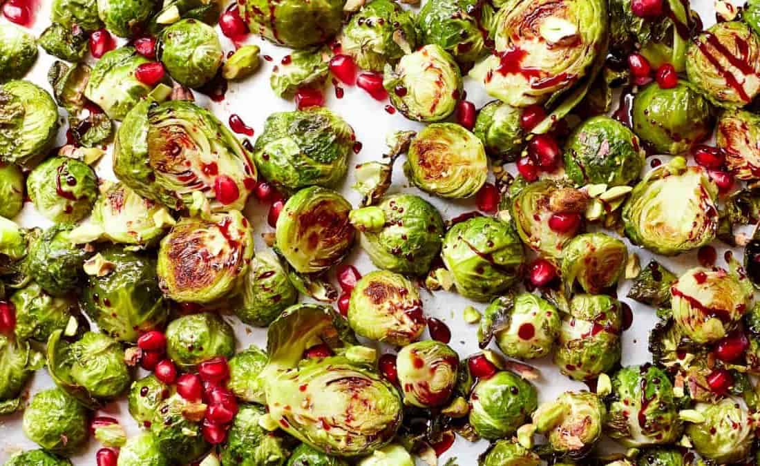Pomegranate Glazed Brussels Sprouts with Pistachios