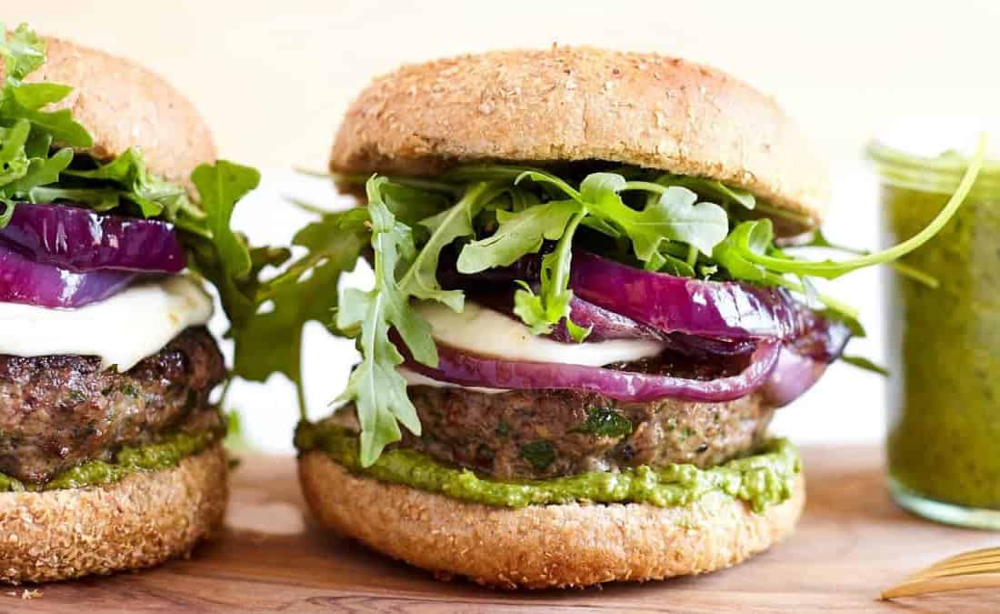 Mushroom Beef Burger with Basil Avocado Pesto