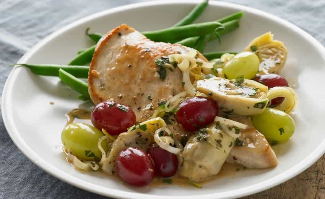 Seared Chicken Breasts with Grapes and Artichokes