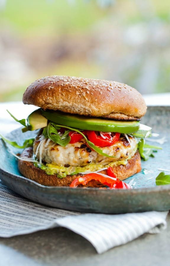 Red Chile and Cheese Stuffed Turkey Burgers on plate for Father's Day recipe