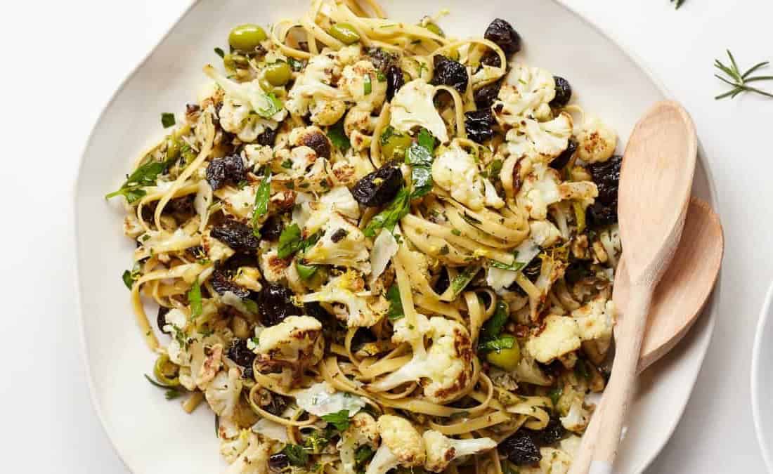 Caramelized Cauliflower Fettuccine Pasta with California Prunes, Garlic, and Herbs