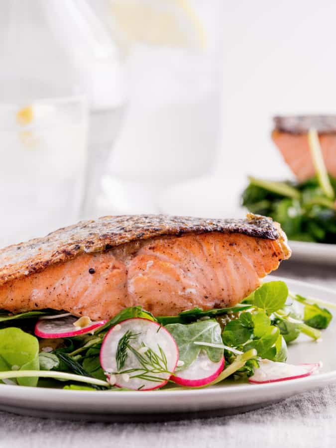 salmon arugula salad up close side picture