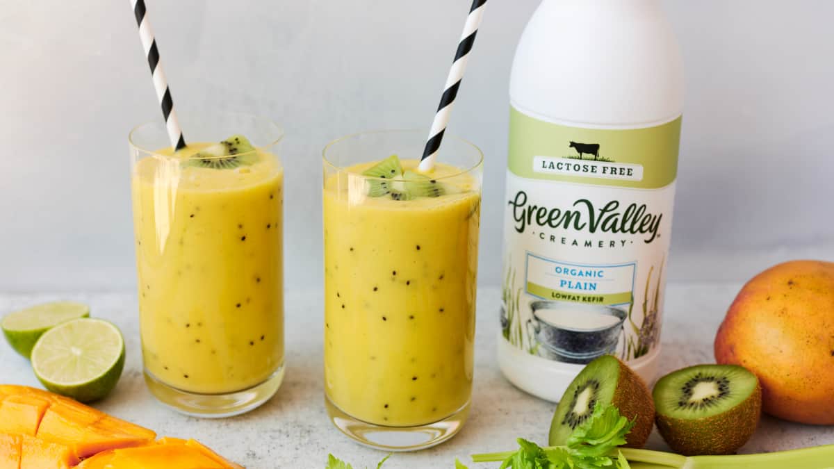 probiotic mango kiwi kefir lime smoothie with green valley organics kefir for how to improve gut health naturally