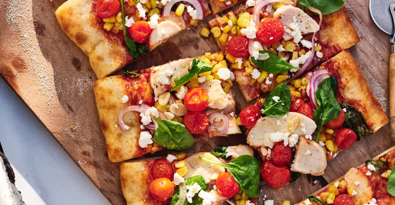 Garlic Roasted Tomato, Corn, and Spinach Flatbread Pizza - Patricia Bannan, MS, RDN