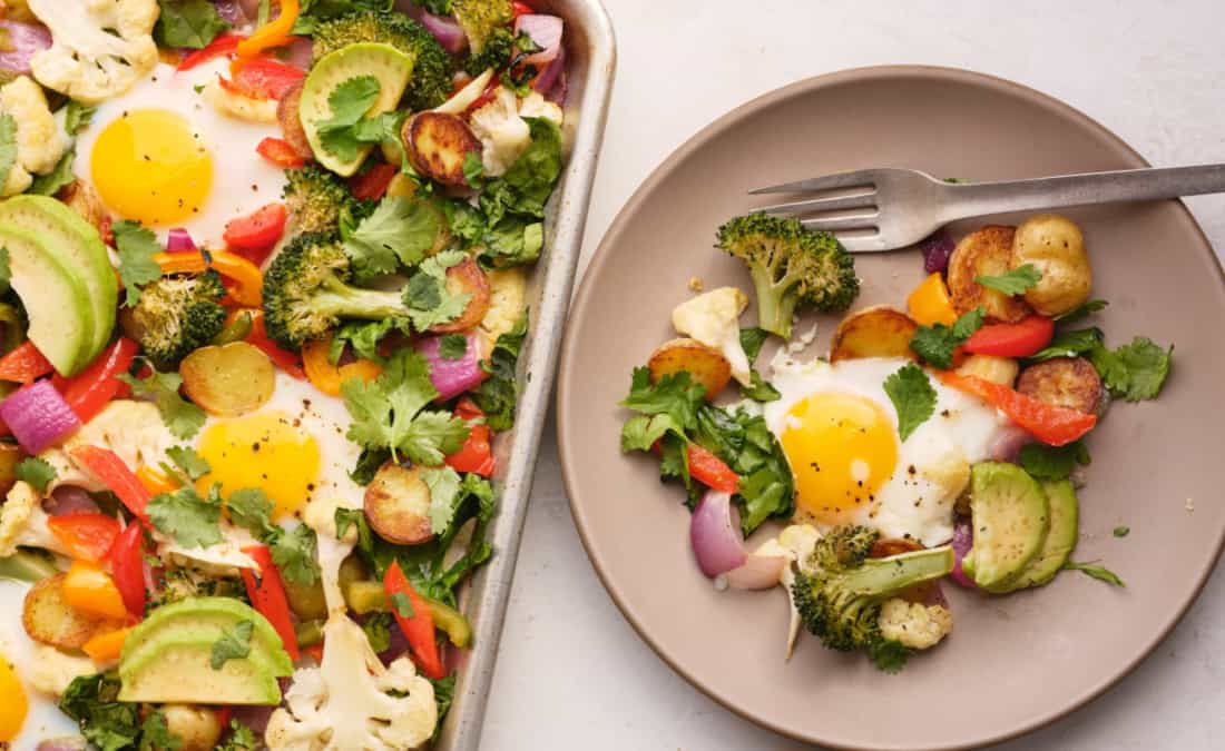 Sheet Pan Vegetable Hash with Eggs with serving plate