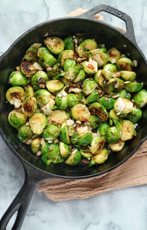 Brussels Sprouts with Pancetta & Parmesan in a cast iron pan