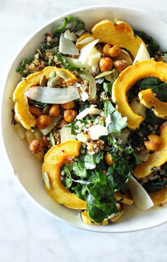 Fall Harvest Salad with Pumpkin Vinaigrette and seasonal produce in white bowl