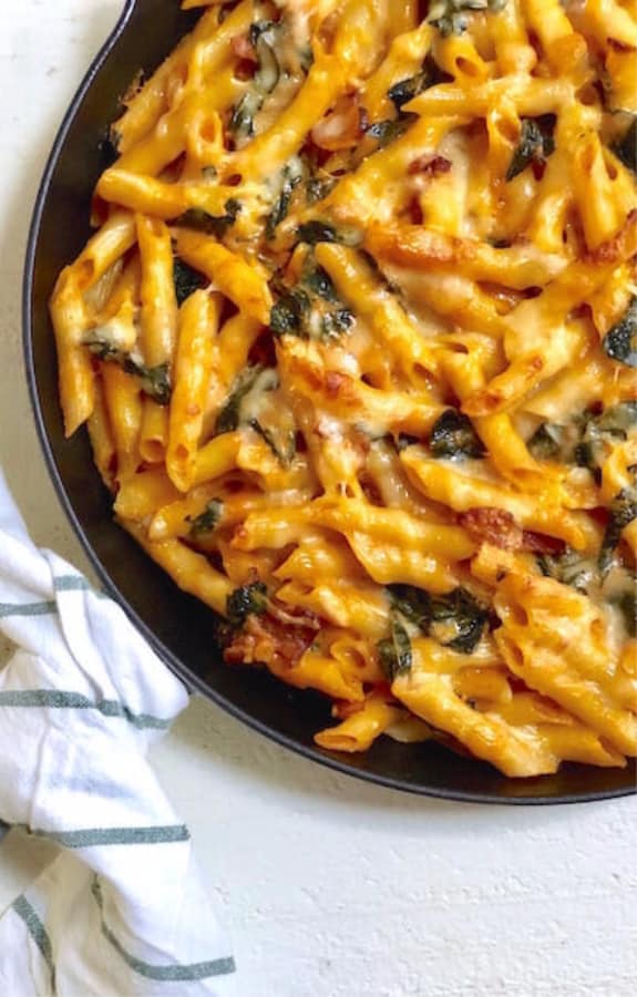 Cheesy Baked Pumpkin Pasta with Kale and Bacon for fall