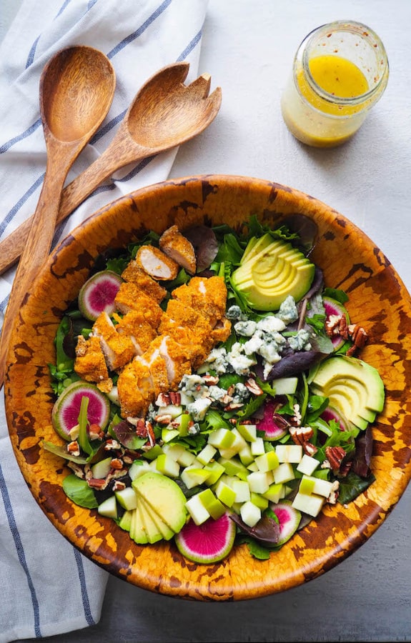 Fall harvest salad with Crispy Cornmeal Chicken, Apples and Gorgonzola
