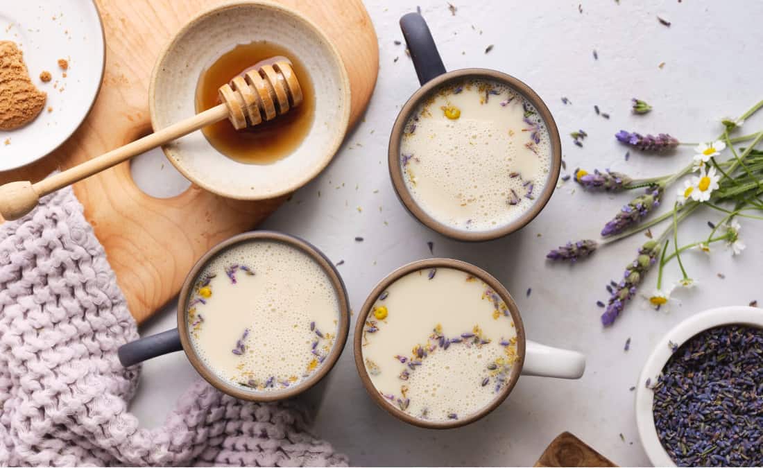 Mugs filled with a Sleepy Lavender Chamomile Milk recipe - PatriciaBannan.com