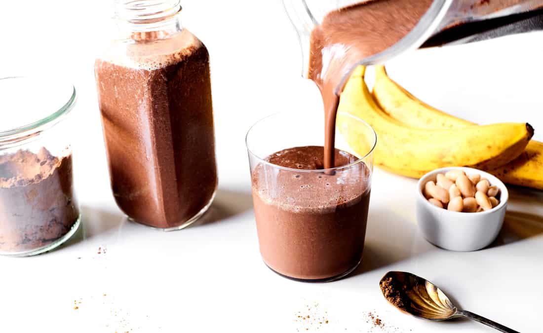 ingredients for creamy chocolate smoothie with banana and cannellini beans