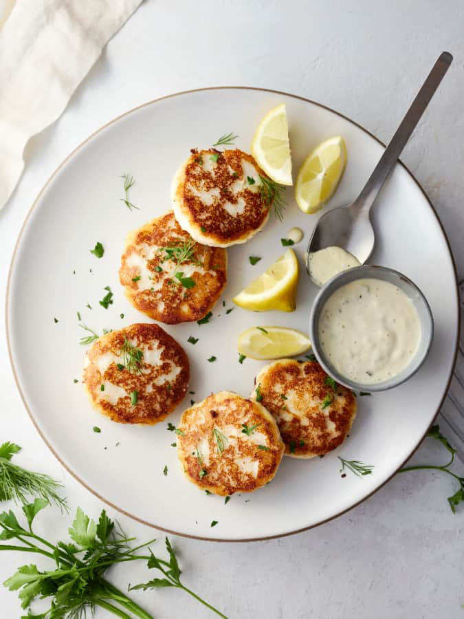 Norwegian fish cakes aerial view with sauce