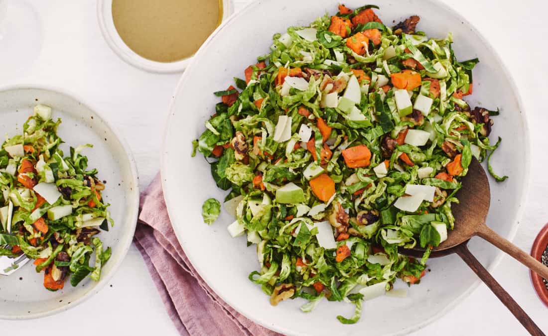 Shaved Brussels Sprouts Harvest Salad with Maple Mustard Dressing