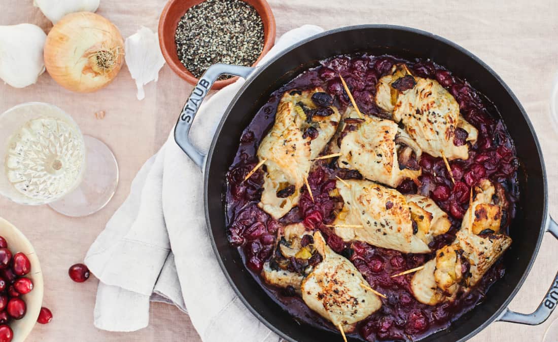 Skillet Turkey Rolls with Spinach, Mushrooms, and Cranberries