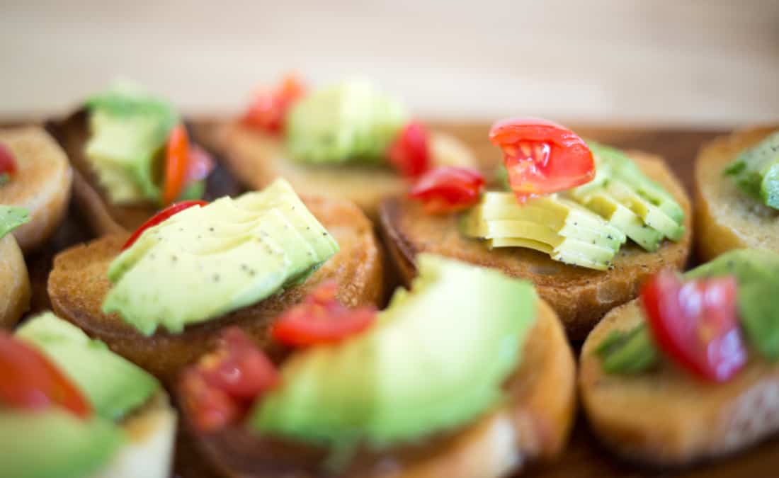 plant based appetizer with mini avocado toasts