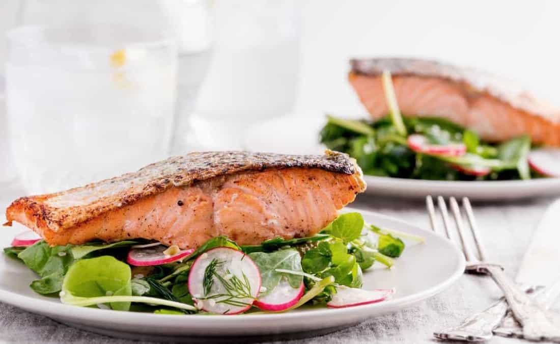 Pan-Seared Salmon on Arugula Salad with Tahini-Citrus Dressing - PatriciaBannan.com