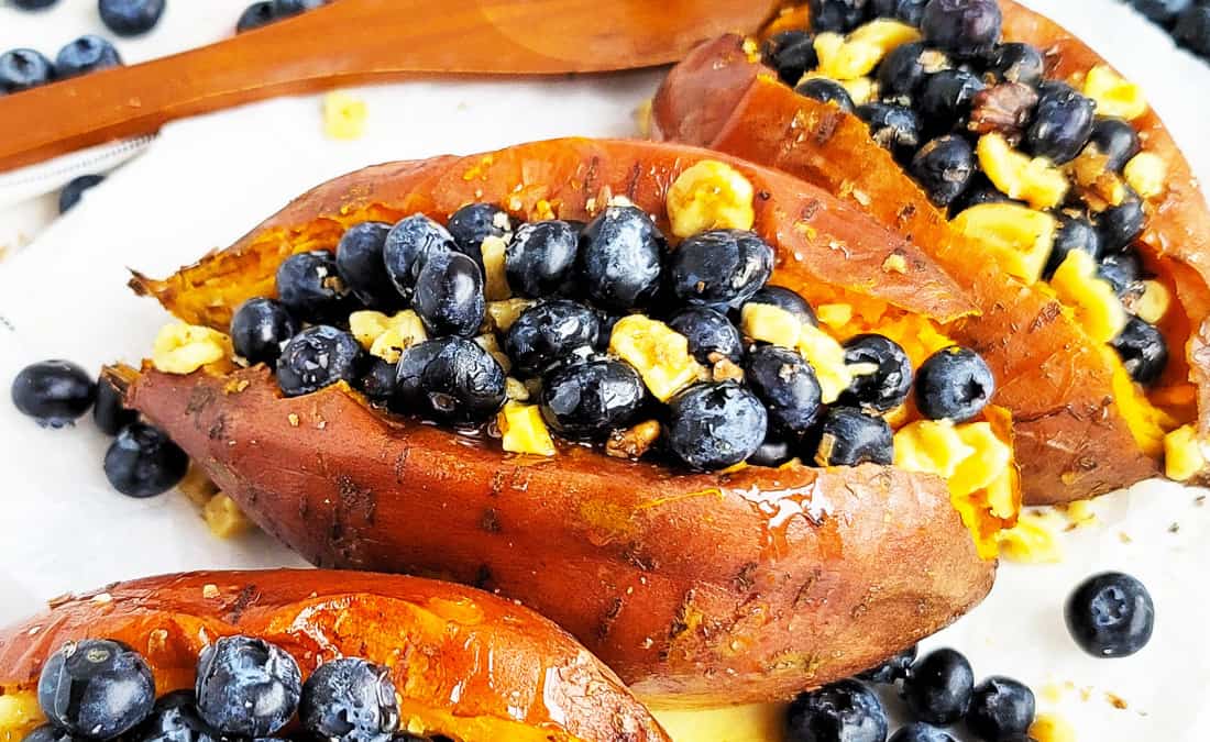 Stuffed Baked Sweet Potatoes with Blueberries & Walnuts