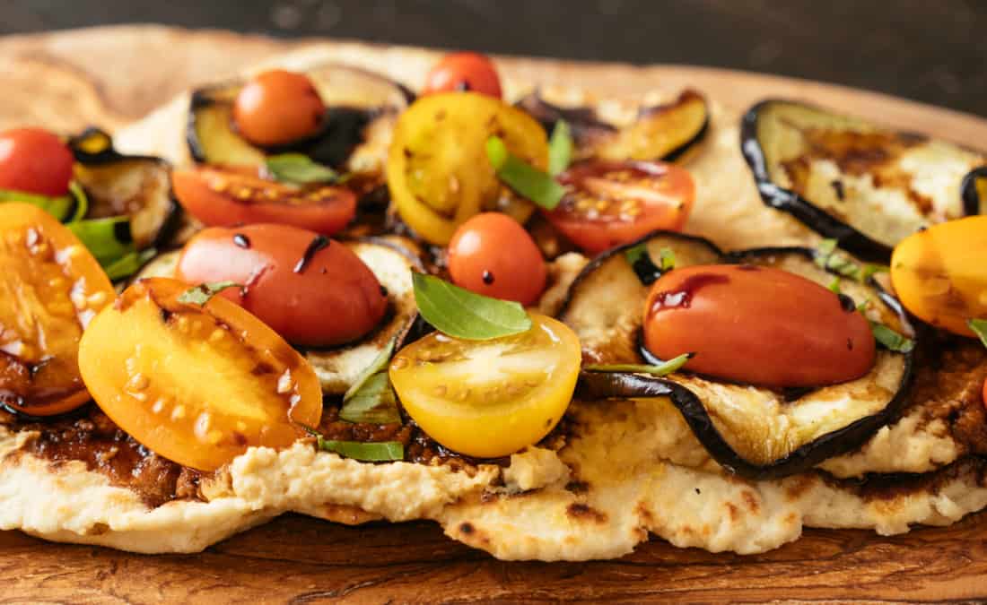 Hummus Flatbread with Eggplant & Tomatoes