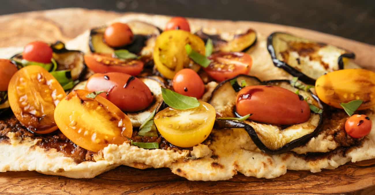 Hummus Flatbread with Eggplant & Tomatoes - Patricia Bannan, MS, RDN