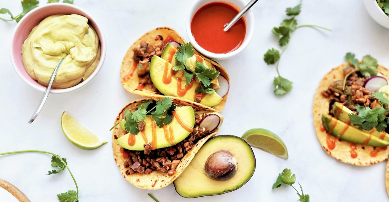 Spiced Lentil Walnut Tacos with Avocado Crema - Patricia Bannan, MS, RDN