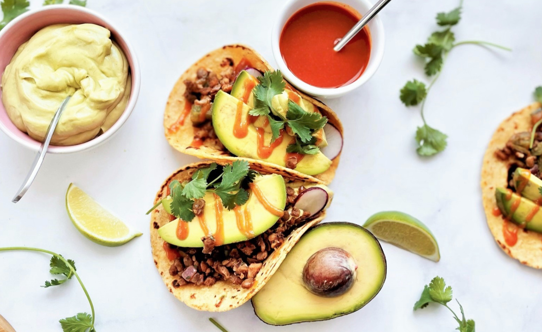 Spiced Lentil Walnut Tacos with Avocado Crema