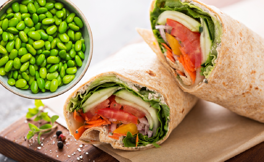 edamame salad wrap with veggies for high protein lunch