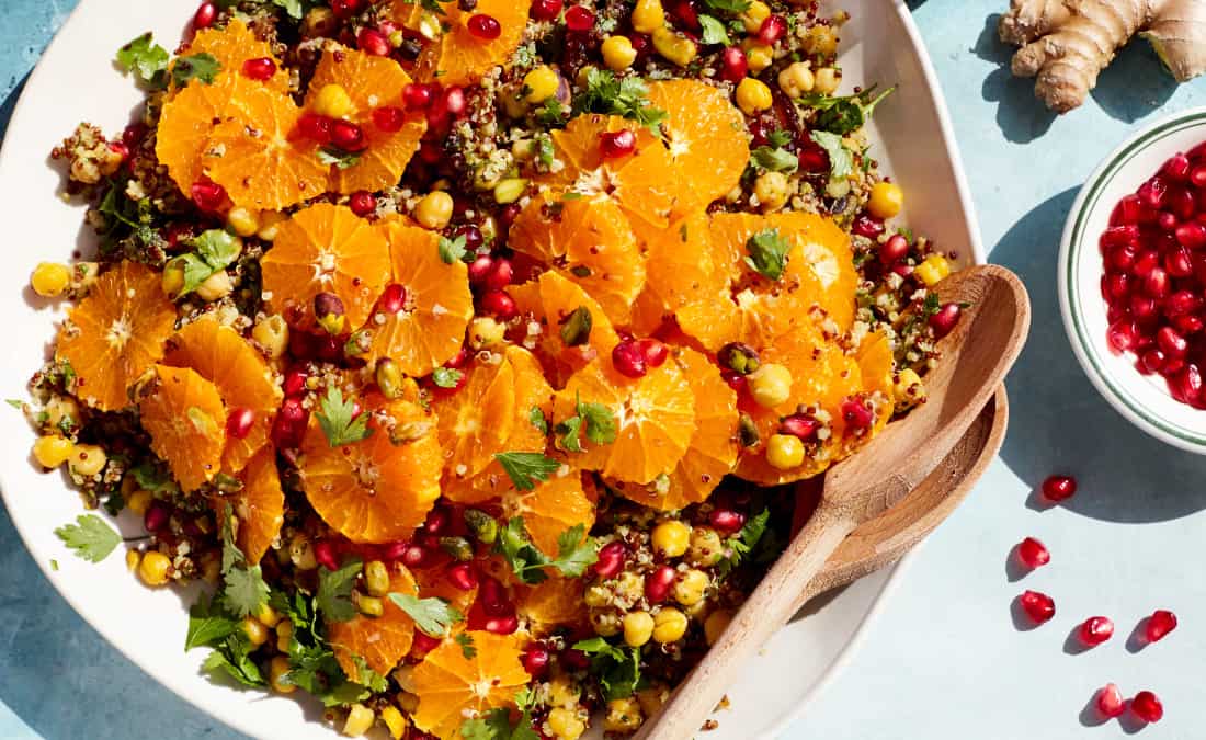 Winter Pomegranate Orange Quinoa Salad with Linty Lemon Greek Yogurt Dressing