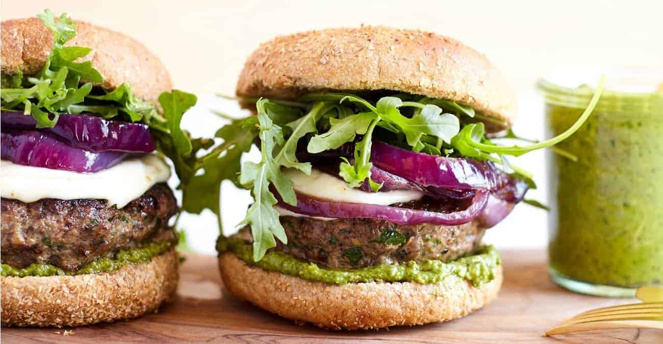 Mushroom Beef Burger with Basil Avocado Pesto