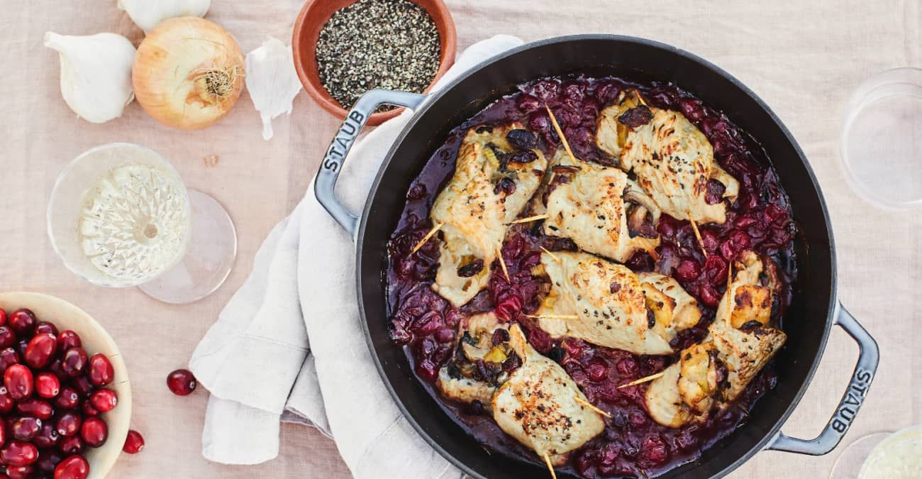 Skillet Turkey Rolls with Spinach, Mushrooms, and Cranberries