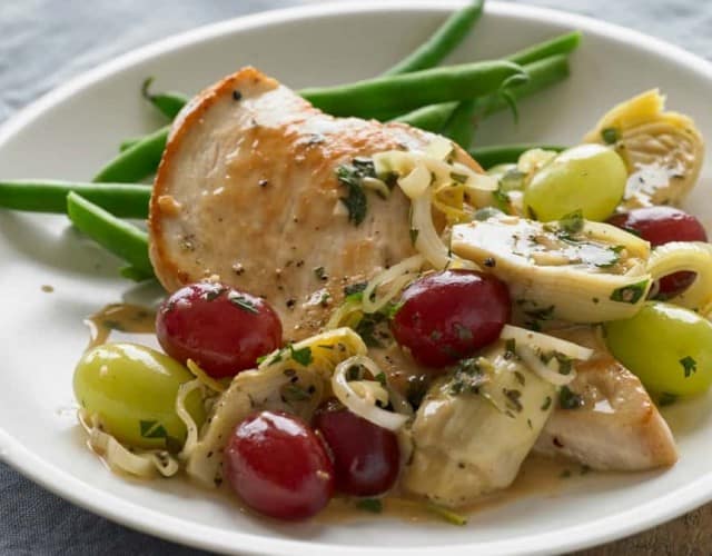 Seared Chicken Breasts with Grapes and Artichokes