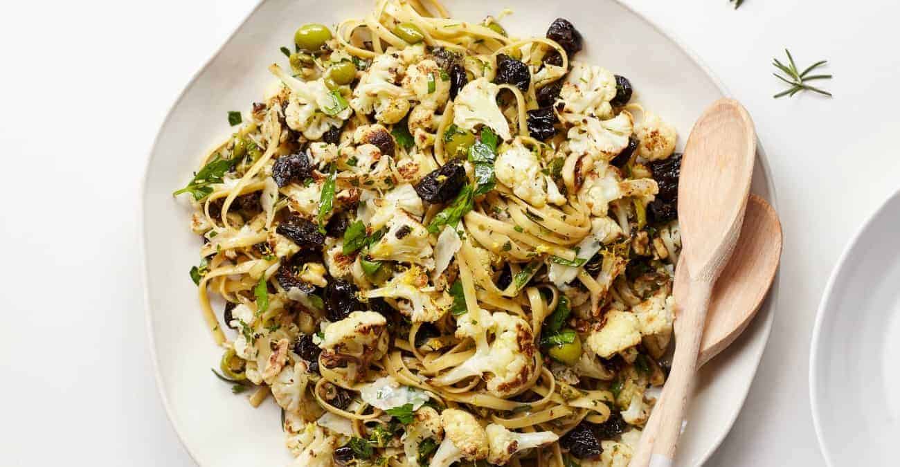 Caramelized Cauliflower Fettuccine Pasta with California Prunes, Garlic, and Herbs