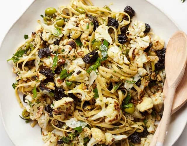 Caramelized Cauliflower Fettuccine Pasta with California Prunes, Garlic, and Herbs