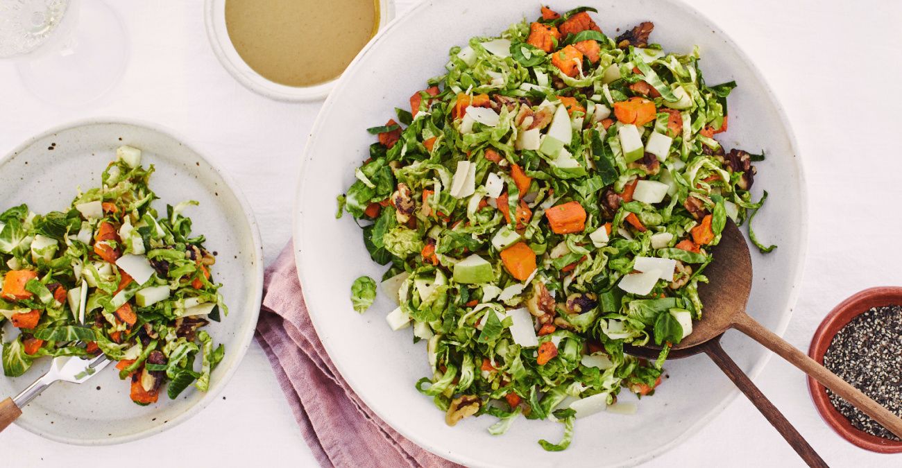 Shaved Brussels Sprouts Harvest Salad with Maple Mustard Dressing