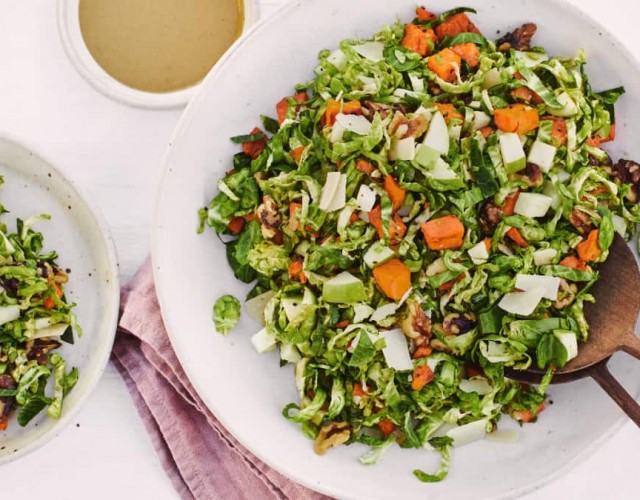 Shaved Brussels Sprouts Harvest Salad with Maple Mustard Dressing