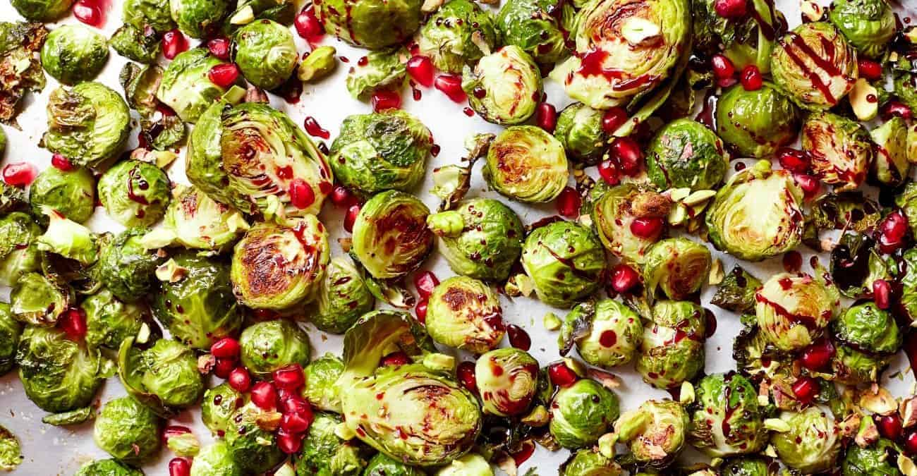 Pomegranate Glazed Brussels Sprouts with Pistachios